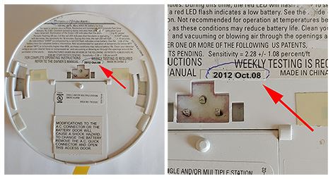 Image of the back of a smoke detector showing an example of a manufacturing date.  